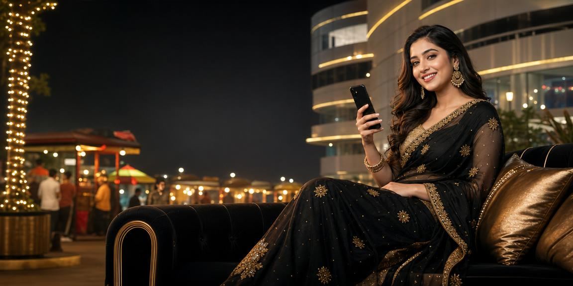 ঢাকায় শাড়ি পরে একজন মহিলা মোবাইলে লটারি ও বেটিং করছেন k7777com অ্যাপে
